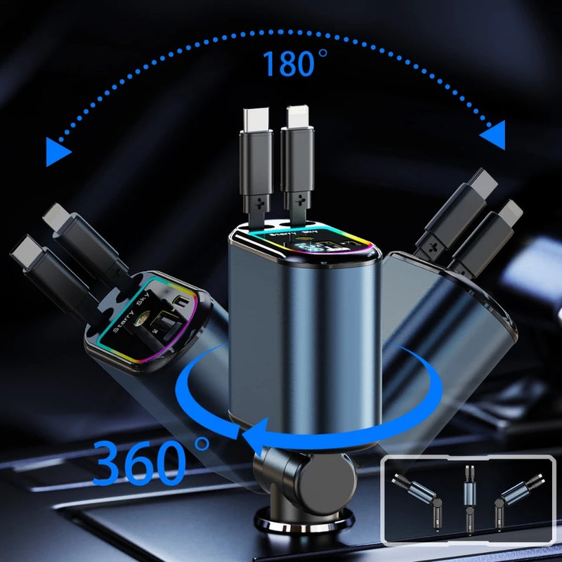 Carregador Turbo 4 em 1 Automotivo com Cabos Retráteis e Porta USB