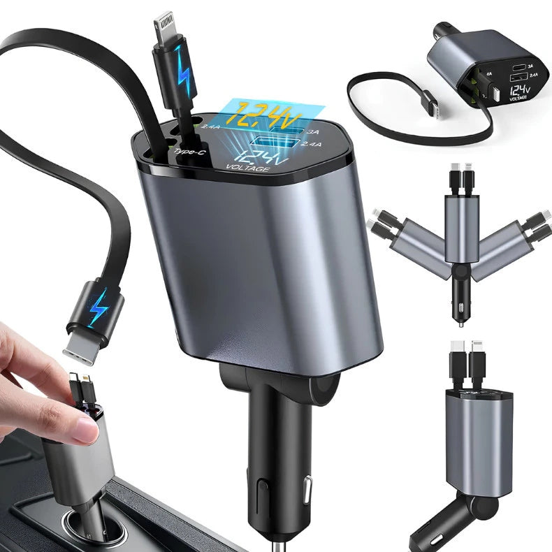 Carregador Turbo 4 em 1 Automotivo com Cabos Retráteis e Porta USB