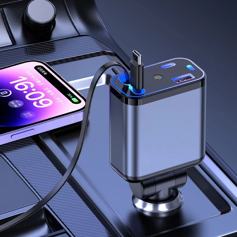 Carregador Turbo 4 em 1 Automotivo com Cabos Retráteis e Porta USB
